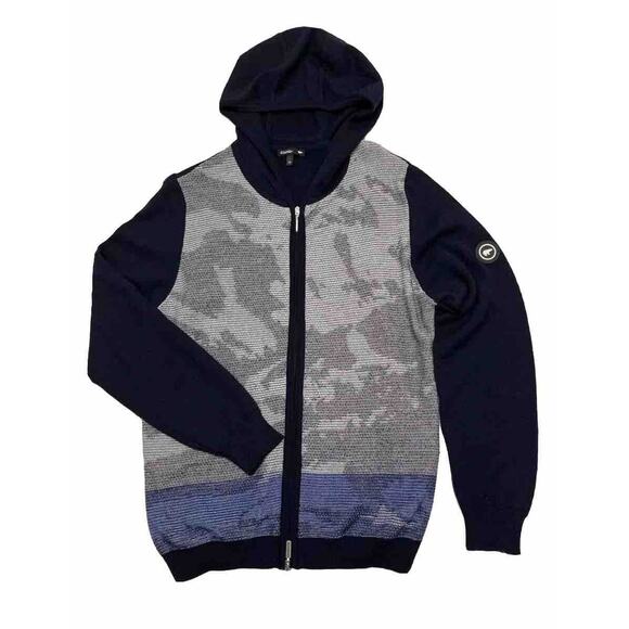 Eisbar Hooded Full Zip Sweater Mens Size M EU 50 Blue & Gray Wool Knit - Picture 1 of 6